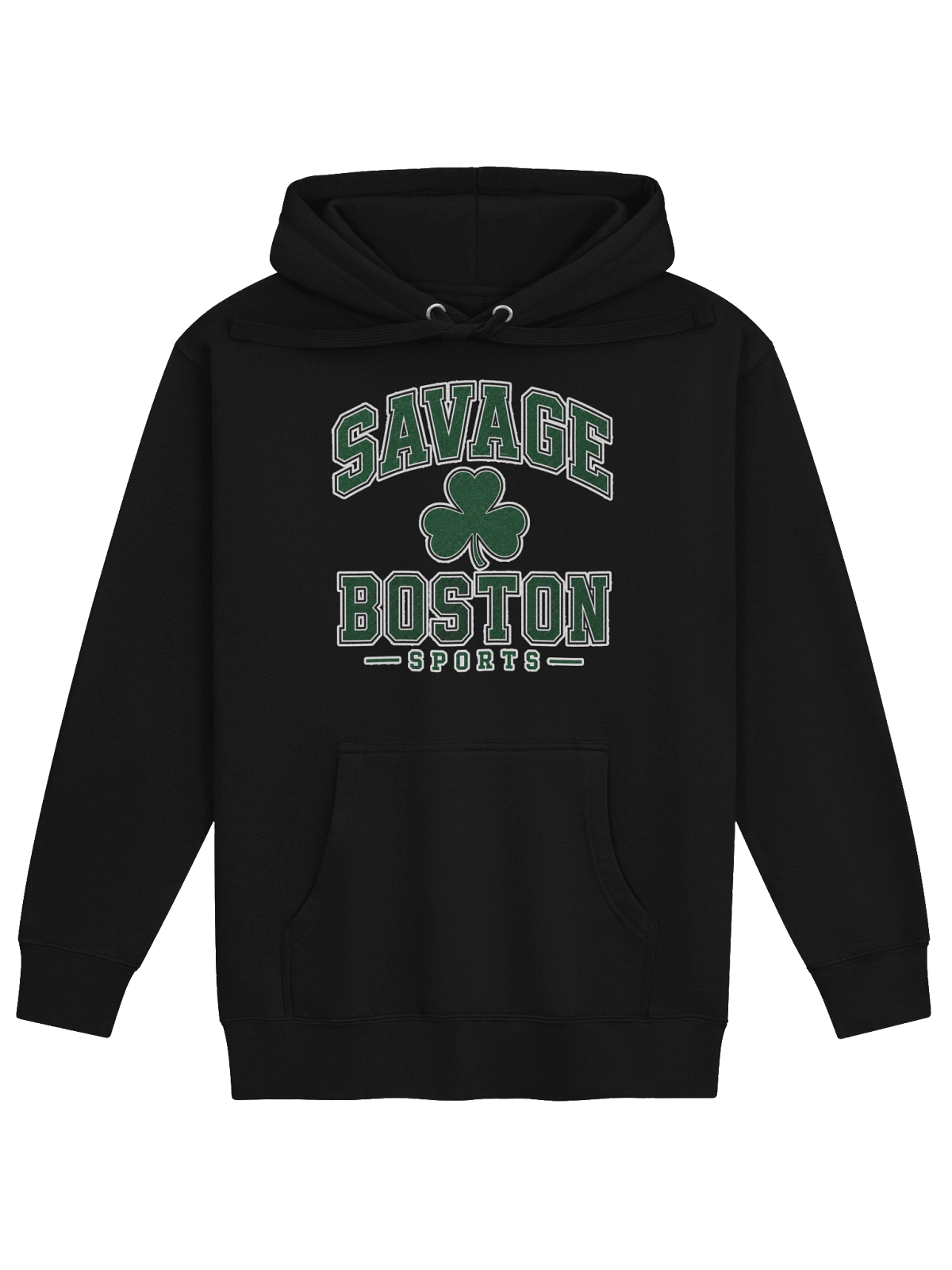 Black Savage Hoodie with varsity lettering and green shamrock graphic