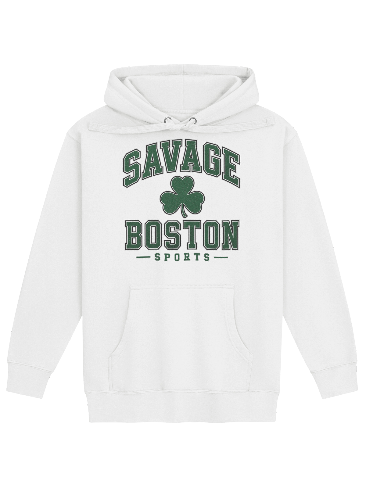 White Savage Boston Sports premium hoodie with collegiate shamrock logo